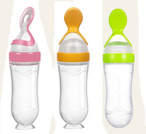 Ktvkpof Silicone Squeeze Feeding Spoon,Silicone Squeeze Cereal Feeding Bottle Feeder, Mark Suction Cup Round Bottom Leak-Proof Design Bottle