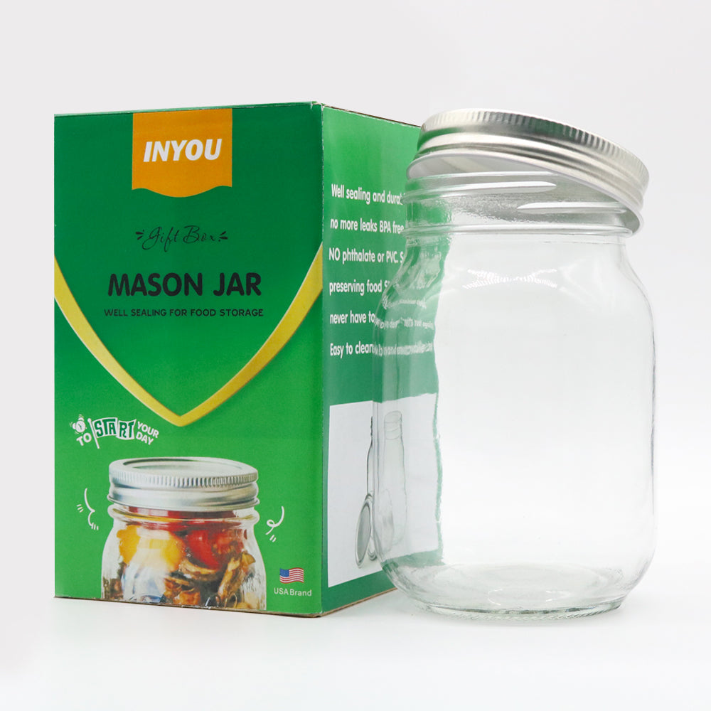 INYOU Canning Jar with Lid, INYOU 16oz Regular Mouth Mason Jar with Lid Glass Jar Airtight Lid for Food Storage Salads Yogurt Jelly Canning Jar with Lid